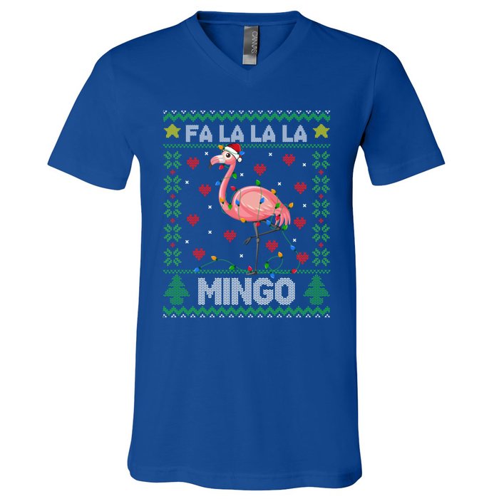 Fa La La La Mingo Funny Flamingo Ugly Christmas Sweater Gift V-Neck T-Shirt