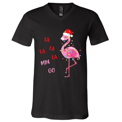 Fa La La Mingo Christmas Flamingo Tree Lights Santa Flamingo V-Neck T-Shirt