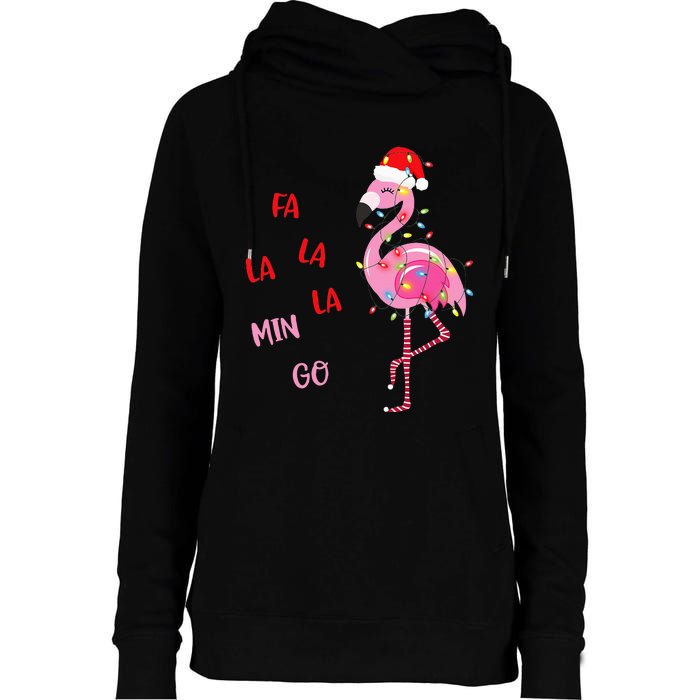 Fa La La Mingo Christmas Flamingo Tree Lights Santa Flamingo Womens Funnel Neck Pullover Hood