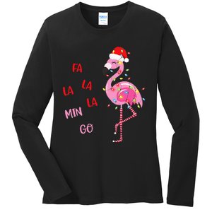 Fa La La Mingo Christmas Flamingo Tree Lights Santa Flamingo Ladies Long Sleeve Shirt