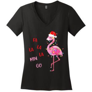 Fa La La Mingo Christmas Flamingo Tree Lights Santa Flamingo Women's V-Neck T-Shirt