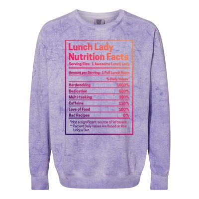 Funny Lunch Lady Nutrition Facts School Cafeteria Cooks Cool Gift Colorblast Crewneck Sweatshirt