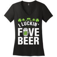 Funny Luck Love Beer Shamrock Happy Saint Patrick's Day Women's V-Neck T-Shirt