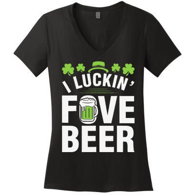 Funny Luck Love Beer Shamrock Happy Saint Patrick's Day Women's V-Neck T-Shirt