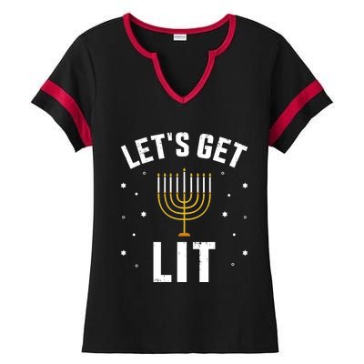 Funny LetS Lit With Menorah For Jewish Hanukkah Ladies Halftime Notch Neck Tee