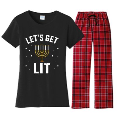 Funny LetS Lit With Menorah For Jewish Hanukkah Women's Flannel Pajama Set