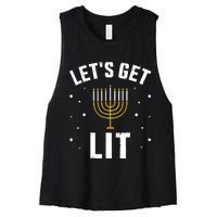 Funny LetS Lit With Menorah For Jewish Hanukkah Women's Racerback Cropped Tank