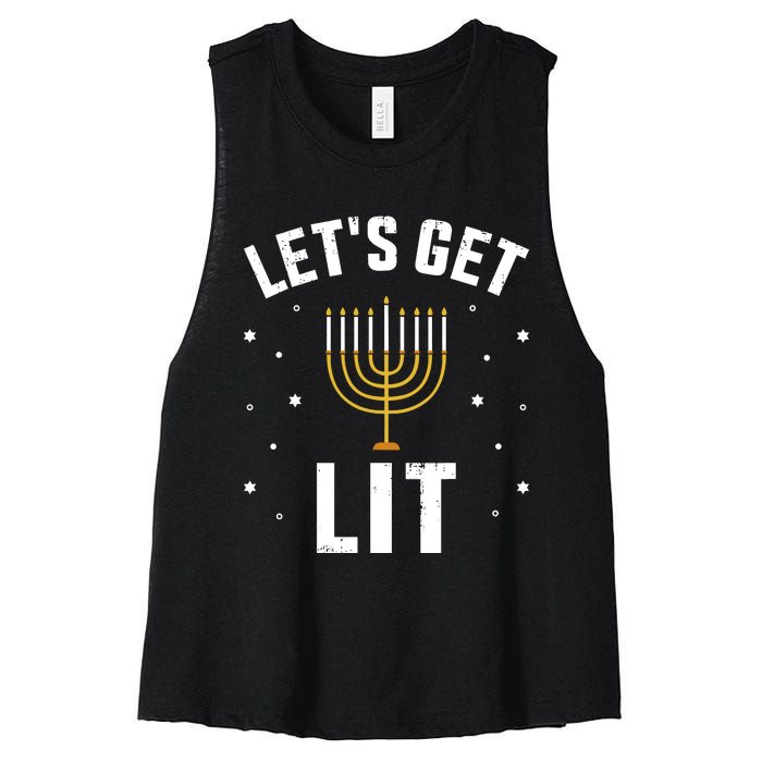 Funny LetS Lit With Menorah For Jewish Hanukkah Women's Racerback Cropped Tank