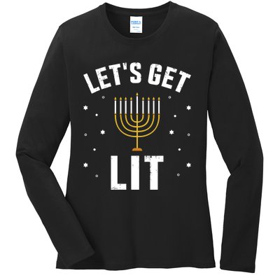 Funny LetS Lit With Menorah For Jewish Hanukkah Ladies Long Sleeve Shirt