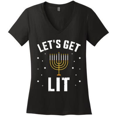 Funny LetS Lit With Menorah For Jewish Hanukkah Women's V-Neck T-Shirt