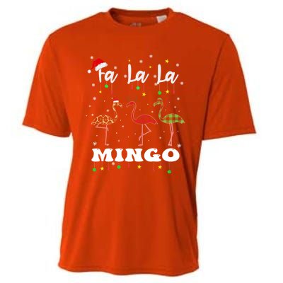 Fa La La Mingo Christmas Flamingo Tree Lights Santa Family Gift Cooling Performance Crew T-Shirt