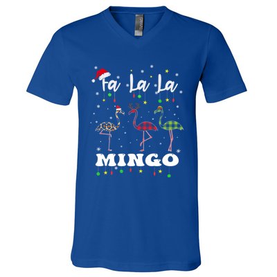 Fa La La Mingo Christmas Flamingo Tree Lights Santa Family Gift V-Neck T-Shirt