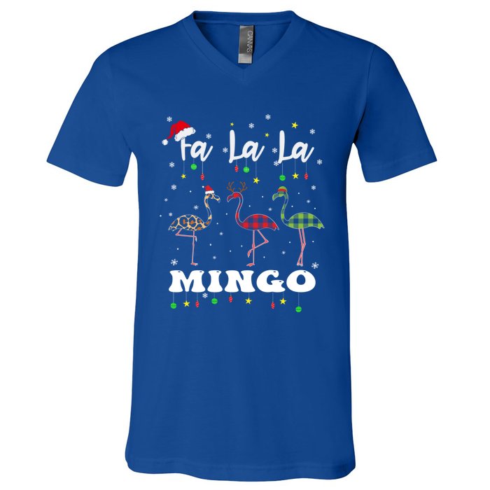 Fa La La Mingo Christmas Flamingo Tree Lights Santa Family Gift V-Neck T-Shirt