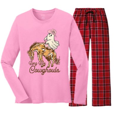 Funny Long Live Cowghouls Western Ghost Cute Halloween Women's Long Sleeve Flannel Pajama Set 