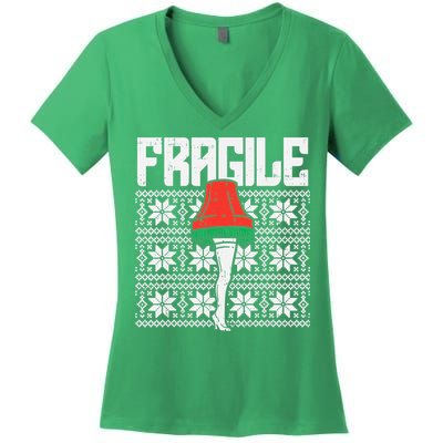 Fragile Leg Lamp Ugly Christmas Sweater Funny Xmas Women's V-Neck T-Shirt