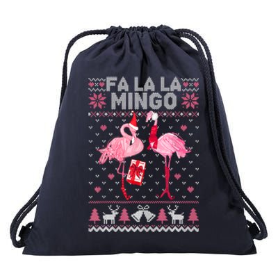 Fa La La La Mingo Flamingo Santa Pink Ugly Christmas Sweater Drawstring Bag