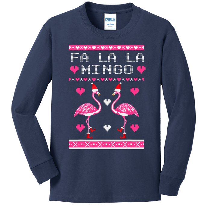 Fa La La La Mingo Flamingo Santa Pink Ugly Christmas Kids Long Sleeve Shirt