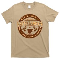 Funny Latte Larry's Better Beans Hot Coffee & Real Scones Emblem 1 T-Shirt
