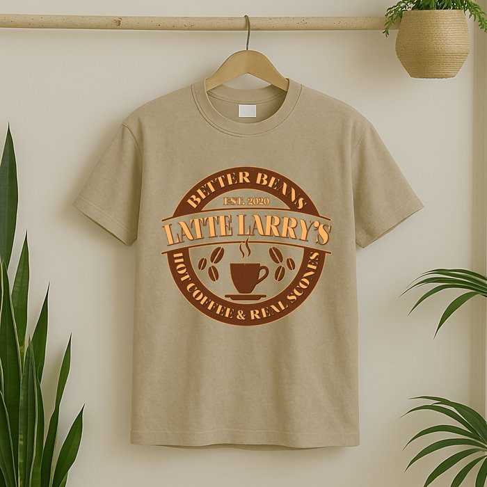 Funny Latte Larry's Better Beans Hot Coffee & Real Scones Emblem 1 T-Shirt
