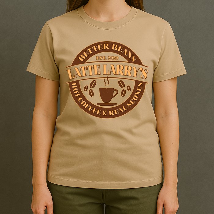 Funny Latte Larry's Better Beans Hot Coffee & Real Scones Emblem 1 T-Shirt