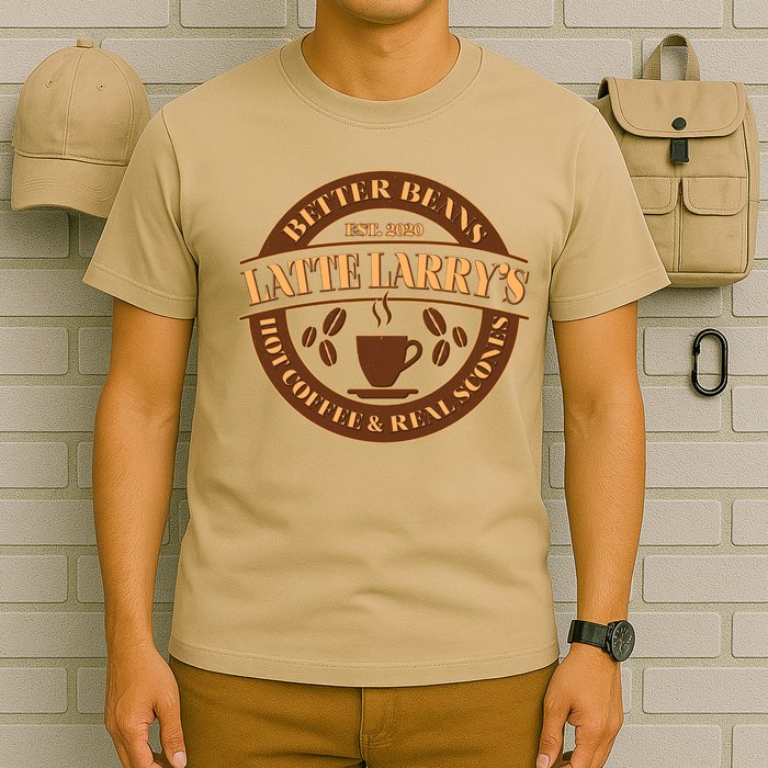 Funny Latte Larry's Better Beans Hot Coffee & Real Scones Emblem 1 T-Shirt