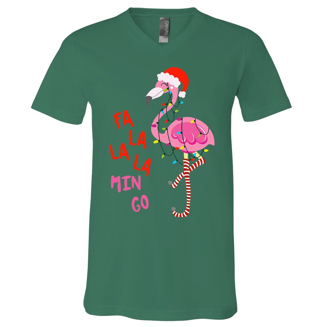 Fa La La Mingo Flamingo Christmas Tropical Xmas Tree Lights V-Neck T-Shirt