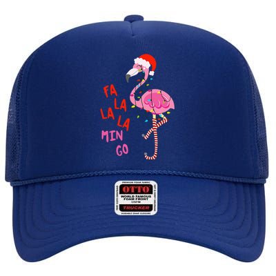 Fa La La Mingo Flamingo Christmas Tropical Xmas Tree Lights High Crown Mesh Back Trucker Hat