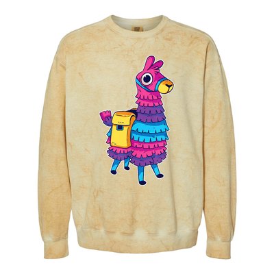 Funny Loot Llama Pinata With Yellow Saddlebag Colorblast Crewneck Sweatshirt