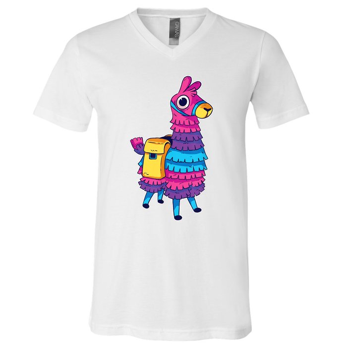 Funny Loot Llama Pinata With Yellow Saddlebag V-Neck T-Shirt