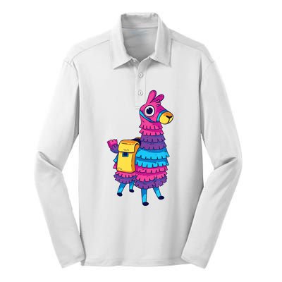 Funny Loot Llama Pinata With Yellow Saddlebag Silk Touch Performance Long Sleeve Polo