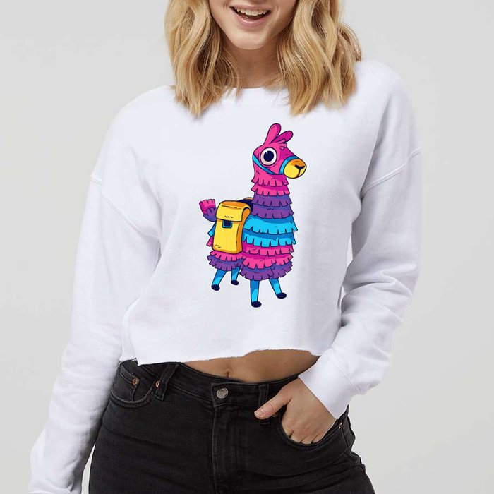 Funny Loot Llama Pinata With Yellow Saddlebag Cropped Pullover Crew