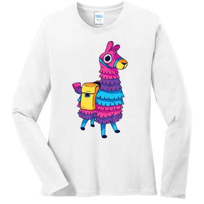 Funny Loot Llama Pinata With Yellow Saddlebag Ladies Long Sleeve Shirt