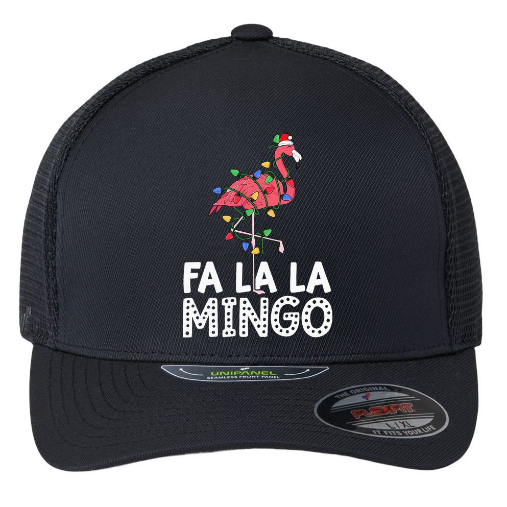 Fa La La Mingo Flamingo Christmas Tree Lights Tropical Xmas Flexfit Unipanel Trucker Cap
