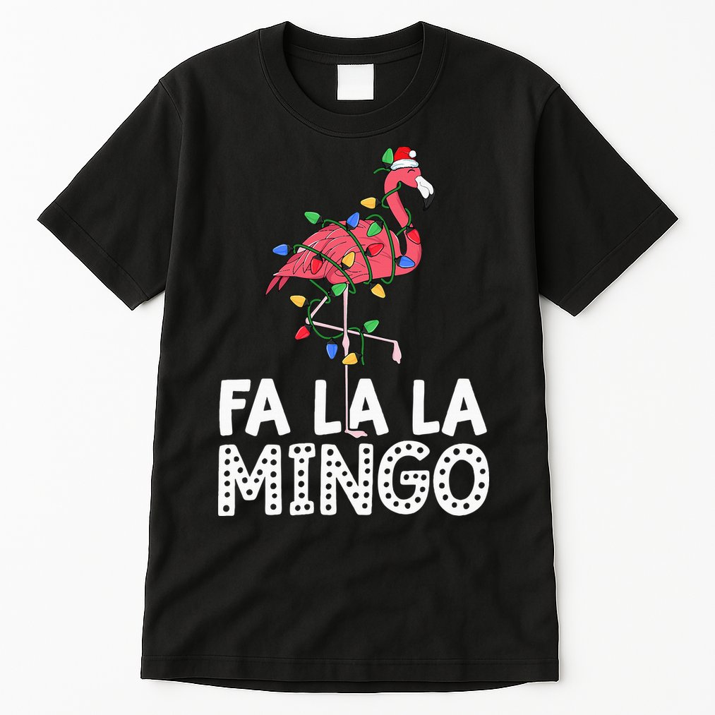 Fa La La Mingo Flamingo Christmas Tree Lights Tropical Xmas Tall T-Shirt