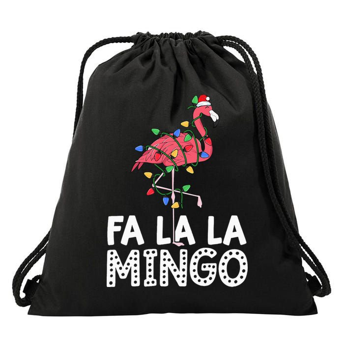 Fa La La Mingo Flamingo Christmas Tree Lights Tropical Xmas Drawstring Bag