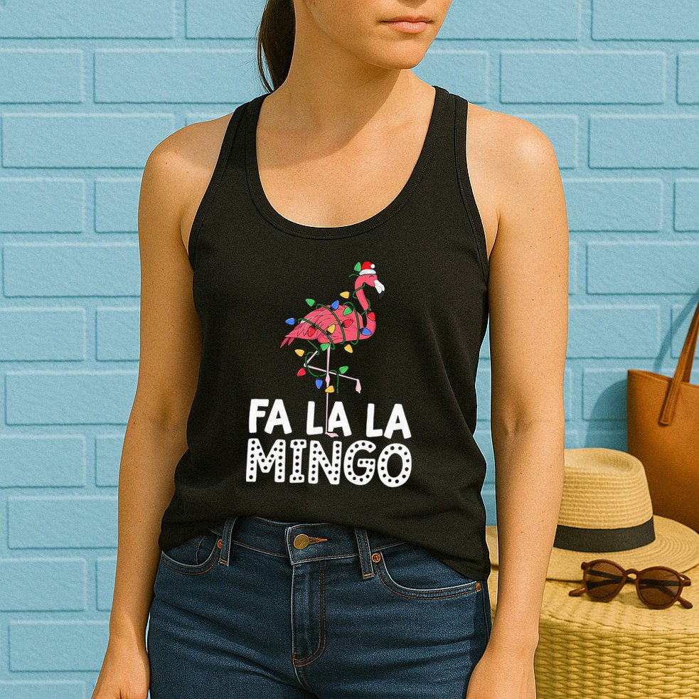 Fa La La Mingo Flamingo Christmas Tree Lights Tropical Xmas Womens Tank Top