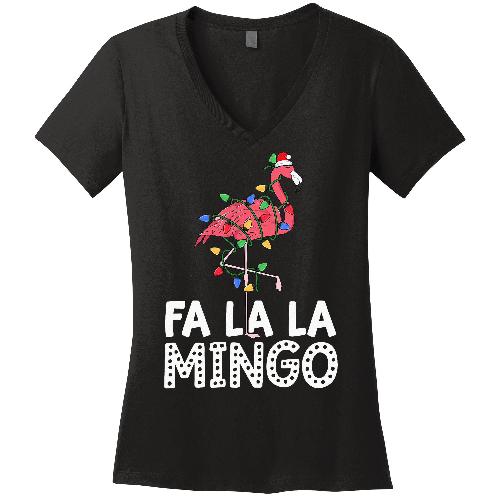 Fa La La Mingo Flamingo Christmas Tree Lights Tropical Xmas Women's V-Neck T-Shirt