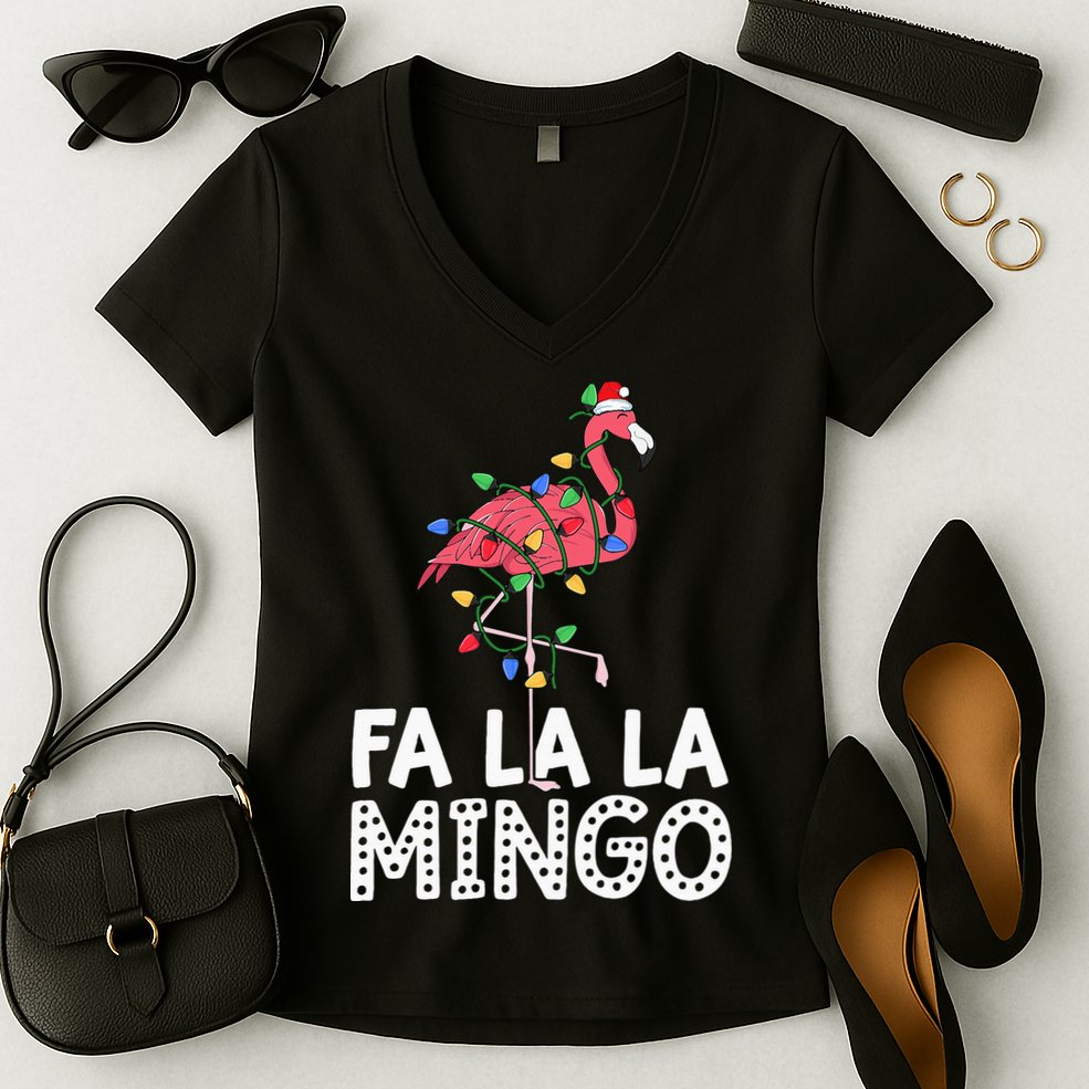 Fa La La Mingo Flamingo Christmas Tree Lights Tropical Xmas Women's V-Neck T-Shirt