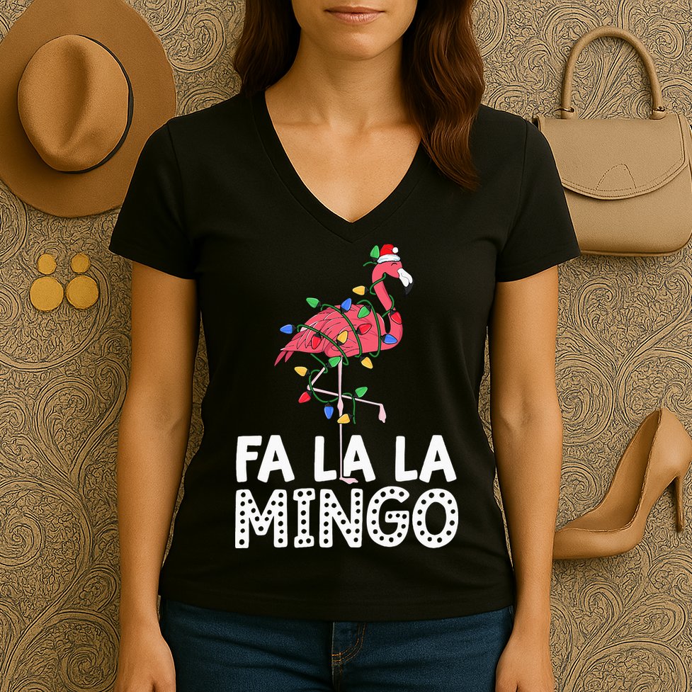 Fa La La Mingo Flamingo Christmas Tree Lights Tropical Xmas Women's V-Neck T-Shirt
