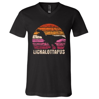 Funny Lesbian Lickalottapus Dinosaurs LGBTQ Pride Flag Retro V-Neck T-Shirt