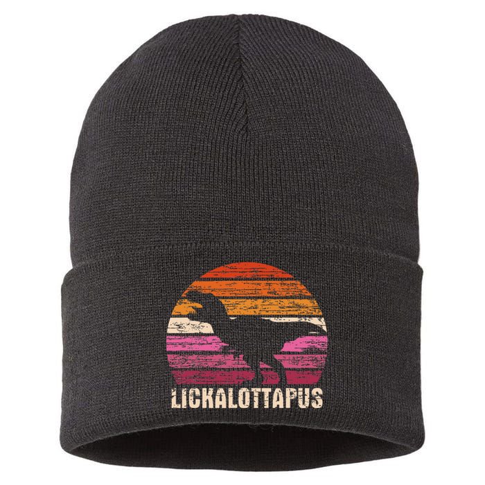 Funny Lesbian Lickalottapus Dinosaurs LGBTQ Pride Flag Retro Sustainable Knit Beanie