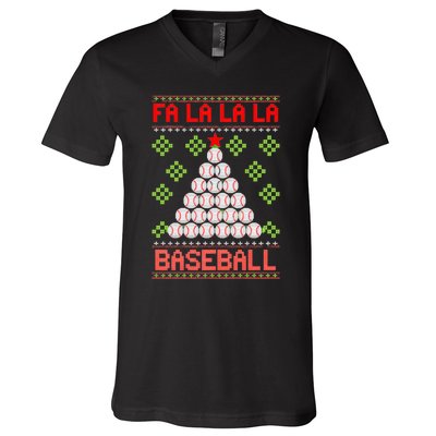 Fa La La La Baseball Christmas Funny Gift Ugly Xmas Tree V-Neck T-Shirt