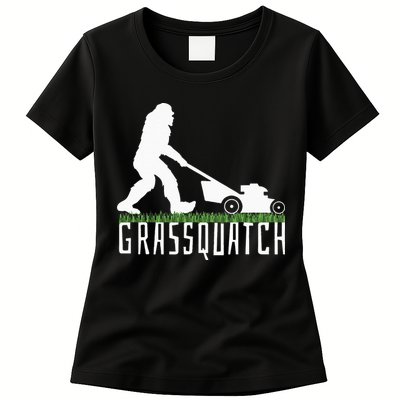 Funny Lawn Mowing Grassquatch Bigfoot Lawn Mower Womens T-Shirt