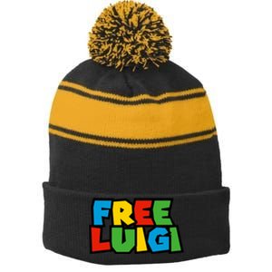 Free Luigi Mangione Mario Rainbow Typography Logo Stripe Pom Pom Beanie