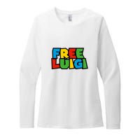 Free Luigi Mangione Mario Rainbow Typography Logo Womens CVC Long Sleeve Shirt