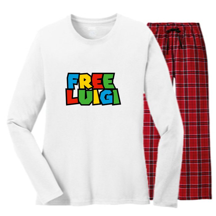 Free Luigi Mangione Mario Rainbow Typography Logo Women's Long Sleeve Flannel Pajama Set 