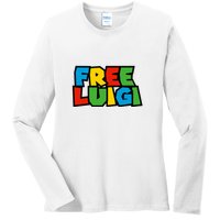 Free Luigi Mangione Mario Rainbow Typography Logo Ladies Long Sleeve Shirt