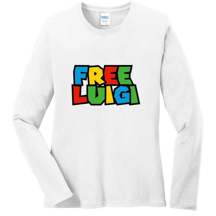 Free Luigi Mangione Mario Rainbow Typography Logo Ladies Long Sleeve Shirt