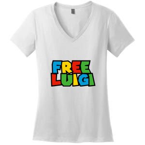 Free Luigi Mangione Mario Rainbow Typography Logo Women's V-Neck T-Shirt