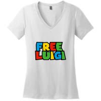 Free Luigi Mangione Mario Rainbow Typography Logo Women's V-Neck T-Shirt